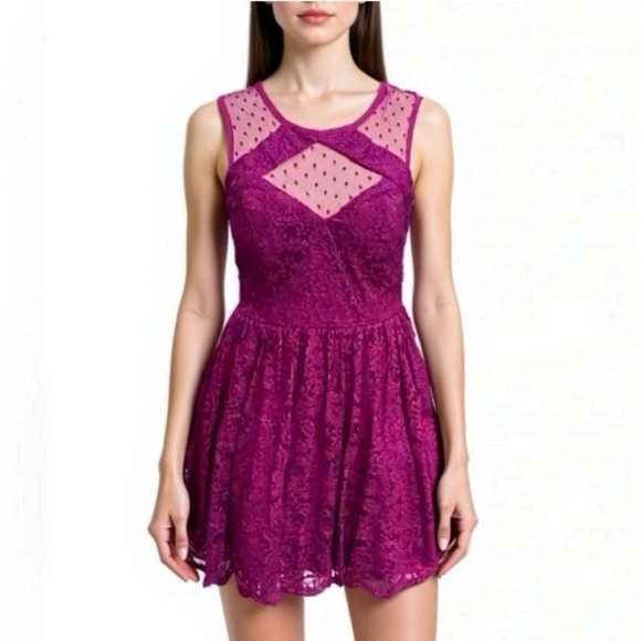 CITY STUDIO Mini Dress Sz 7 (Small) Lace Burgundy Sleeveless Fit Flare NWT - Picture 1 of 16